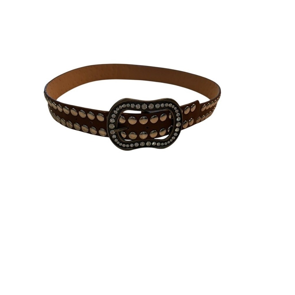 Womens Brown Western Studded Belt Rhinestone Buckle Silver Studs Faux Leather